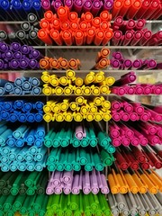 Colorful pen on shelves in stationery store or department store, Colorful highlight pen on shelf, focused on yellow highlight pen