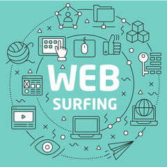 Linear illustration for presentations on green background web surfing