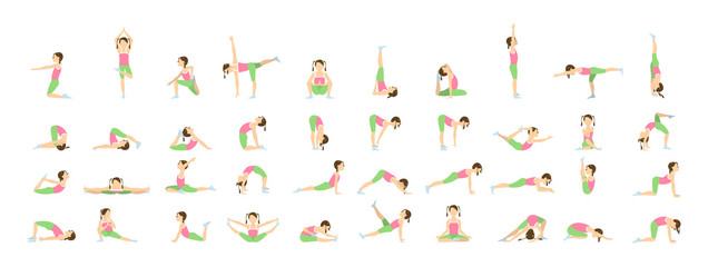 Yoga for kids. Isolated poses and asanas for children on white background.