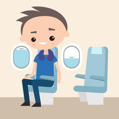 Cute teenager sitting in the plane / flat editable vector illustration, clip art