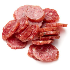 Salami smoked sausage slices isolated on white background cutout
