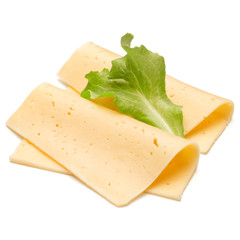 cheese slices  and salad leaves isolated on white background cutout