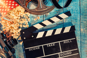 Film camera chalkboard , roll and popcorn © Jag_cz