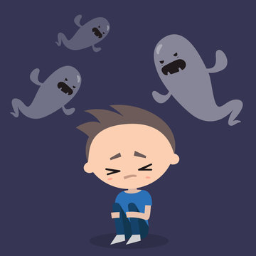 Scared boy surrounded by ghosts / flat editable vector illustration, clip art