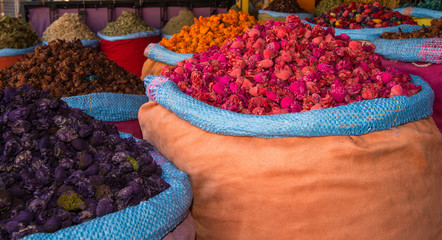 Vivid colorful dried flowers on outdoor market in Morocco