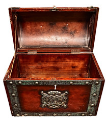 Old wooden trunk with the lid open, close up high angle view, isolated on white.