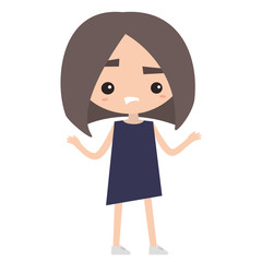 Cute confused girl is shrugging her shoulders / Flat vector illustration