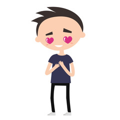 Falling in love. Cute cartoon boy with heart-shaped eyes / flat editable vector illustration, clip art