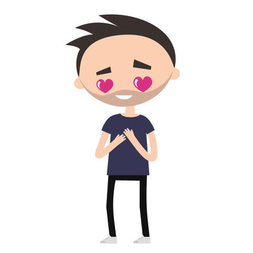 recommend clip art: Falling in love. Cute cartoon bearded boy with heart-shaped eyes / flat editable vector illustration, clip art