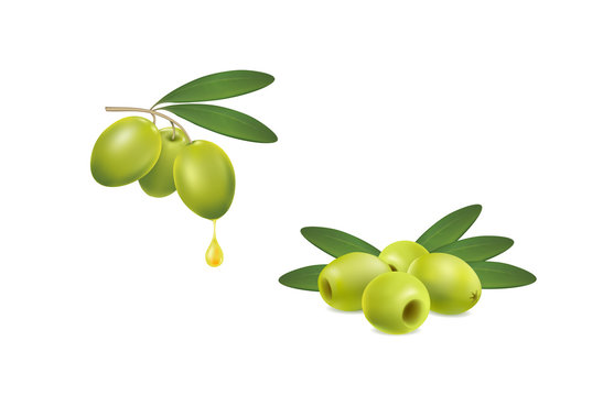 Set of green olives on white background
