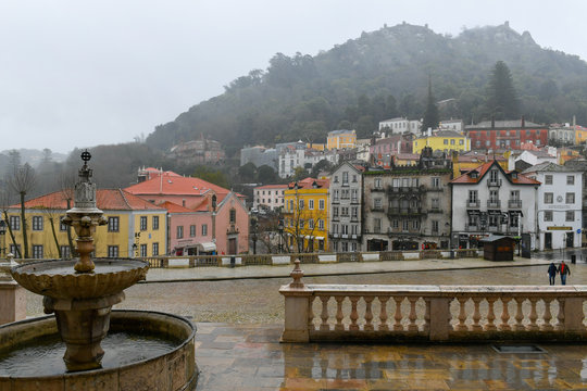 View on Sintra on a foggy and rainy day