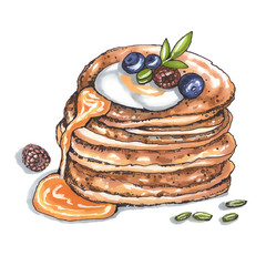 pancakes with honey and berries