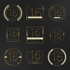 Fifteen years anniversary celebration logotype. 15th anniversary gold logo set.