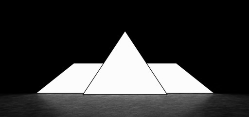 Glowing pyramid in a dark room with a shiny floor. 3D Render