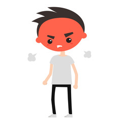 Angry man with red face blows steam. Flat cartoon vector illustration