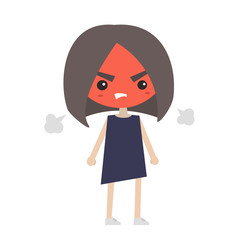 Angry girl with red face blows steam. Flat cartoon vector illustration