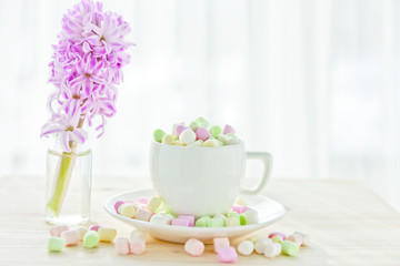 Fototapeta na wymiar coffee cup with marshmallows and hyacinth on a light background