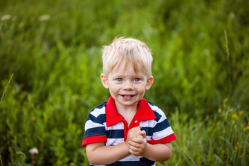 little boy is happy, smiling, standing against a background of grass