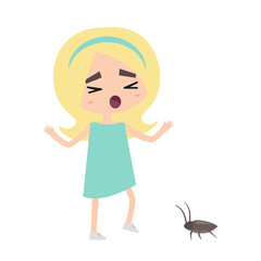 Scared girl and a cockroach / flat vector editable illustration