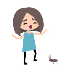 Scared girl and a cockroach / flat editable vector illustration, clip art