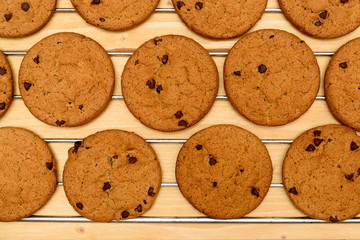 Freshly baked Chocolate chip cookies on cooling rack