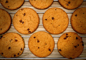 Fresh baked Chocolate chip cookies on a cooling rack