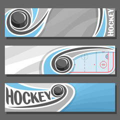Vector horizontal Banners for Ice Hockey: 3 cartoon covers for title text on hockey theme, sports ice rink with sliding on trajectory puck, abstract headers banner for inscription on gray background.