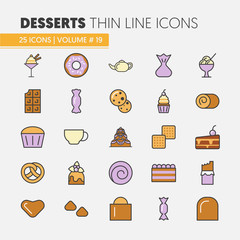 Desserts and Sweets Food Linear Thin Vector Icons Set with Cake and Cupcake