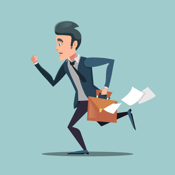 Businessman With Briefcase Late To Work. Man In Rush. Vector Illustration