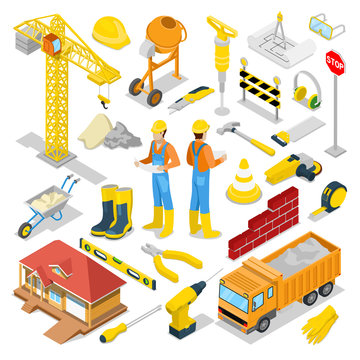 Isometric Builder With Construction Instruments And Crane. Vector 3d Flat Illustration