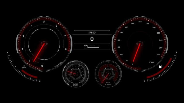 Digital optitron speedometer of car driving with acceleration, dashboard