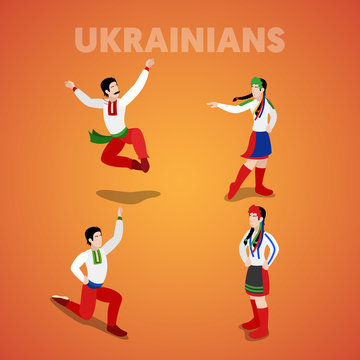 Isometric Ukrainian Dancing People in Traditional Clothes. Vector 3d flat illustration
