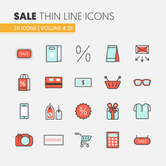 Sale Discount Linear Thin Line Vector Icons Set with Shopping Elements