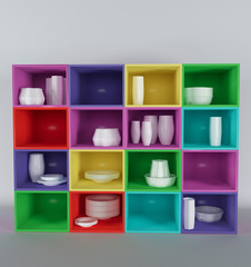3д модель цветного шкафа с посудой