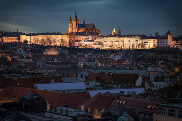 Prague's dominant, Prague's Castle at night. Beautiful aerial view from center of the city.