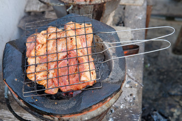 Pork grilled on charcoal