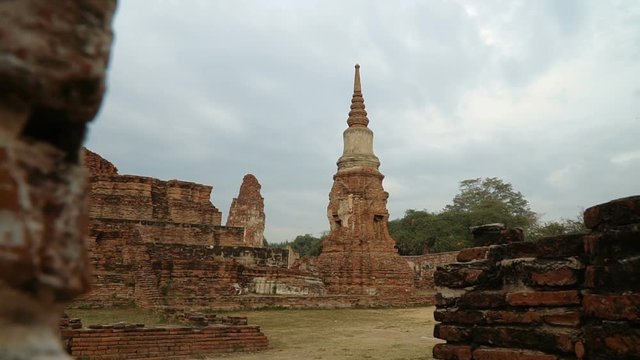 Ruins of Wat Maha That or the Monastery of the Great Relic located on the city island in the central part of Ayutthaya. Slider stock footage.
