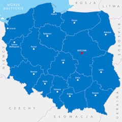 Map of Poland with cites and provinces - Polish names