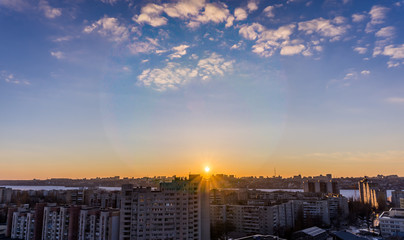 Voronezh cityscape aerial panoramic view from rooftop at sunset time