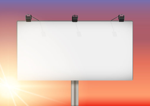 Closeup Empty mockup billboard with sun at sunsay. 3x6 format. Vector Illustration isolated on background.