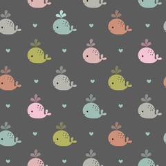 Seamless pattern with whales. Vector abstract colorful fish seamless pattern, whales and hearts.