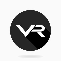 White vector icon with VR logo in the black circle. Flat design with long shadow. Virtual reality logo