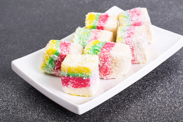 Eastern sweets Turkish delight in color coconut chips