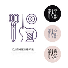 Clothing repair service line logo. Tailor store flat sign, illustration of scissors, needle and buttons. Hand made linear icon.