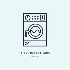 Washing machine icon, washer line logo. Flat sign for launderette service. Logotype for self-service laundry, clothing cleaning business.