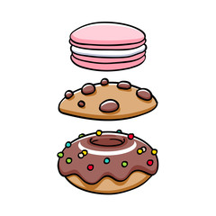 Colorful baked sweets icons set.