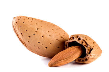 two almond nut isolated on white background close-up macro