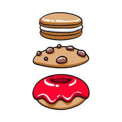 Colorful baked sweets icons set.