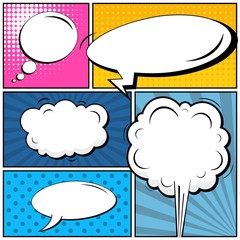 Abstract creative concept vector comic pop art style blank, layout template with clouds beams and isolated dots background. For sale banner, empty speech bubble set, illustration halftone book design.
