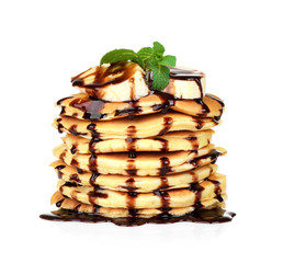 Delicious pancakes on white background